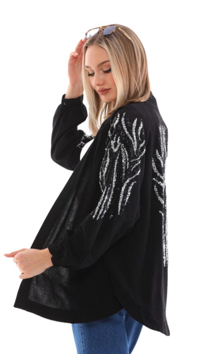 Cardigan long noir brodé argenté – Léger et élégant pour le Printemps-Été – Image 2