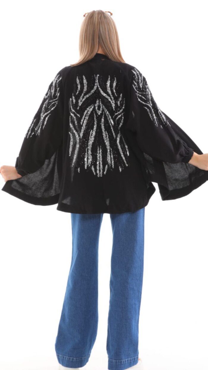 Cardigan long noir brodé argenté – Léger et élégant pour le Printemps-Été – Image 3