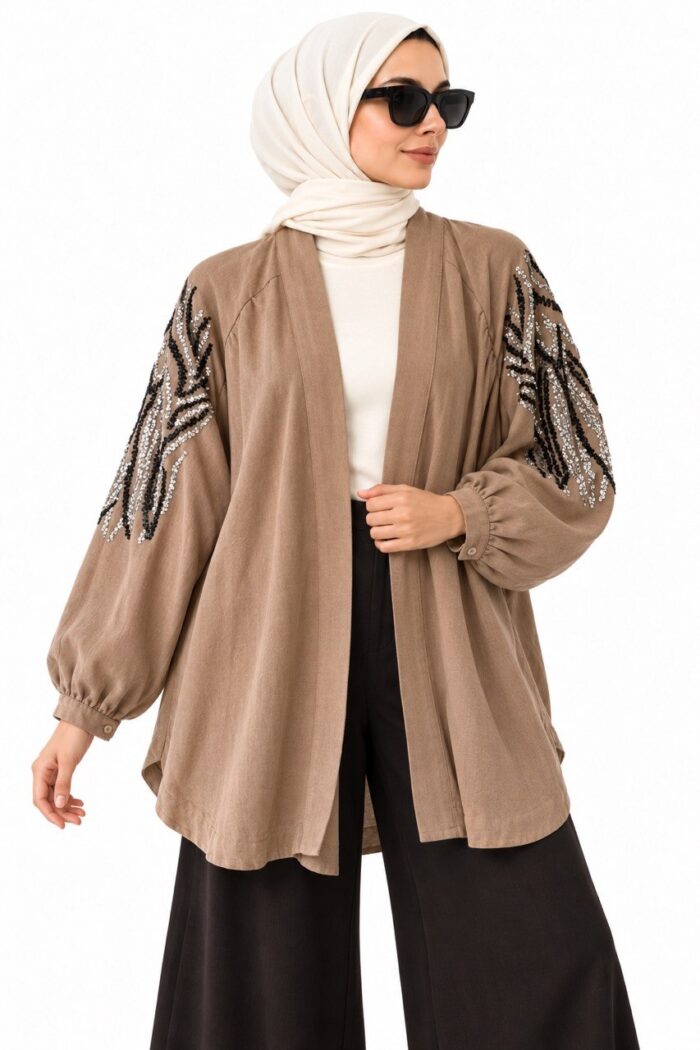 Cardigan long brodé brun-beige – Léger et élégant – Image 3