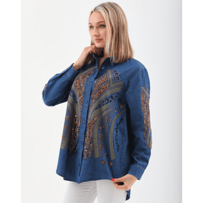 Tunique longue en jean bleu marine brodée – Élégance et confort pour le Printemps-Été – Image 3