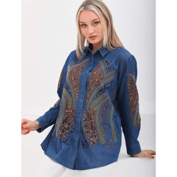 Tunique longue en jean bleu marine brodée – Élégance et confort pour le Printemps-Été – Image 2