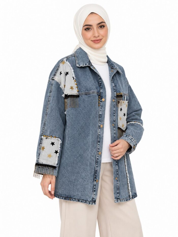 Veste longue en jean avec motifs étoiles - Moderne et Tendance – Image 2