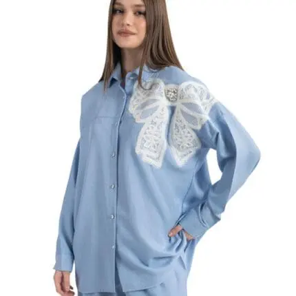 Ensemble 2 pièces en tissu brodé et perlé bleu pour femme avec broderies et perles – tunique et pantalon