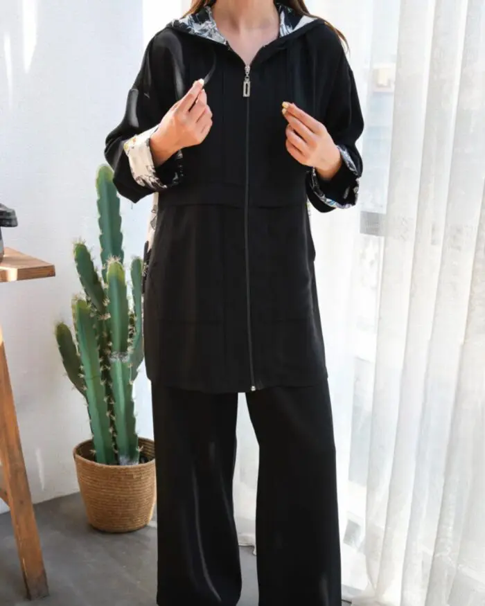 Ensemble 2 pièces en crêpe noir à capuche – Chic & Léger pour l’Eté – Image 6