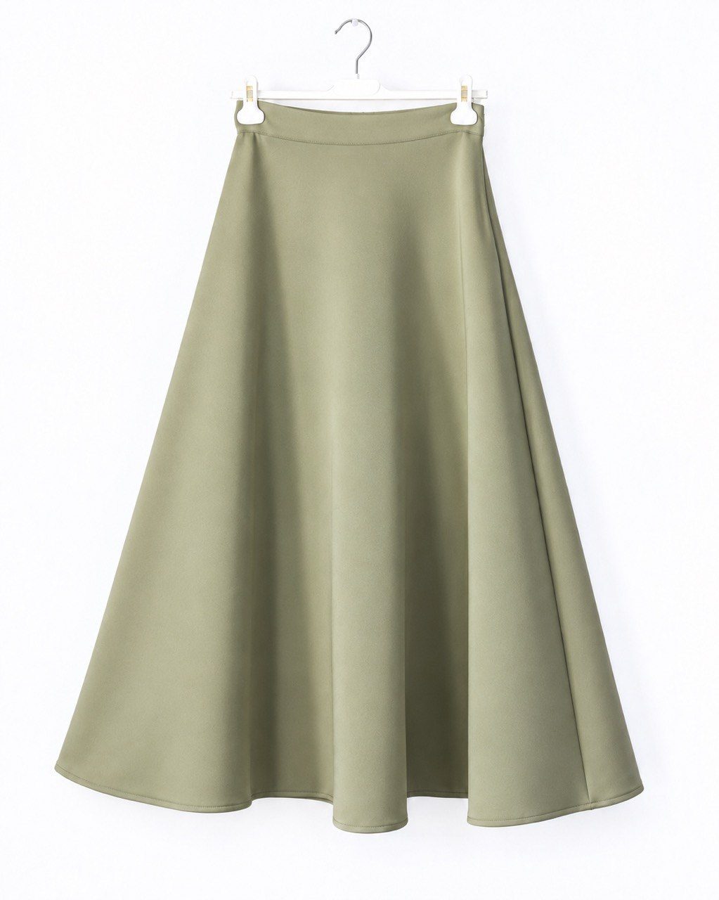 June-longue-vert-scuba Jupe longue vert olive évasée en scuba pour femme