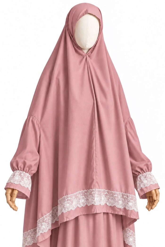 Tenue de prière femme avec manches et dentelle blanche – Rose – Image 2