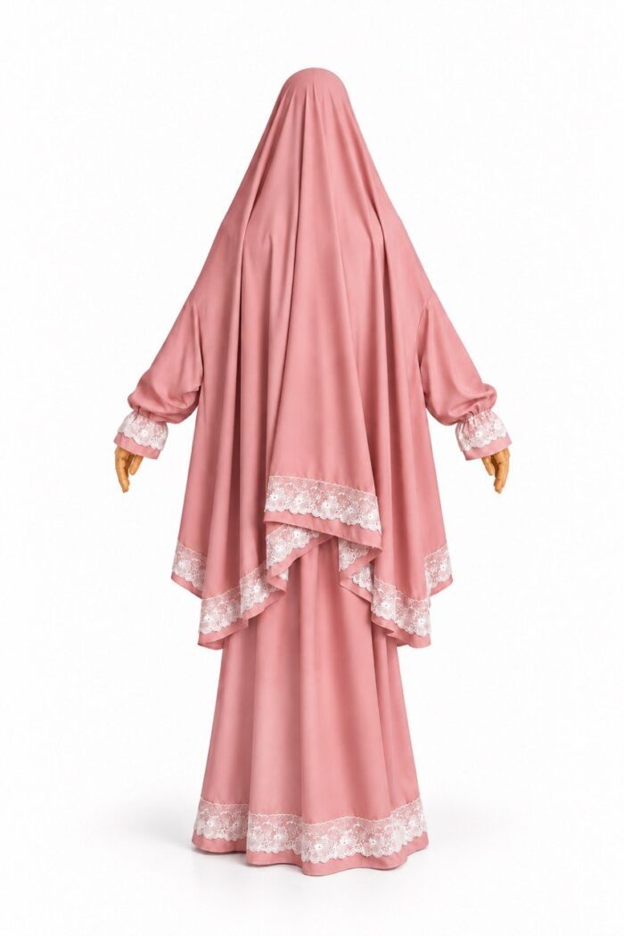 Tenue de prière femme avec manches et dentelle blanche – Rose – Image 3