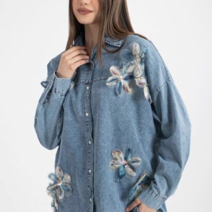 Ensemble en denim 2 pièces avec fleurs bleu pour femme – tunique et pantalon