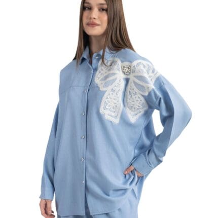 Ensemble en tissu 2 pièces brodé et perlé bleu pour femme avec broderies et perles – tunique et pantalon