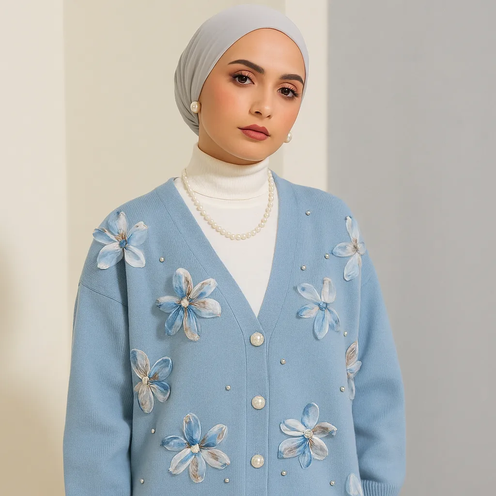 Ensemble tricot 2 pièces bleu clair avec fleurs en 3D, composé d’un pantalon et d’un gilet ample, élégant et confortable. Collection pudique. Fabriqué en Turquie, de Belle et Voilée.