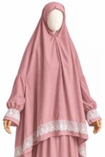 Tenue de prière femme avec manches et dentelle blanche – Rose – Image 2