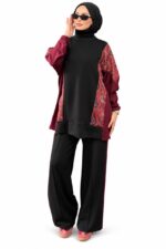 Ensemble tunique et pantalon noir et bordeaux à motifs cachemire, vue de face